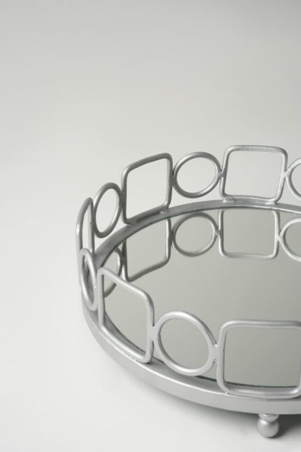 Plateau circulaire argent - Contour carrés cercles