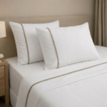 Parure de lit unie blanche - Passepoil beige