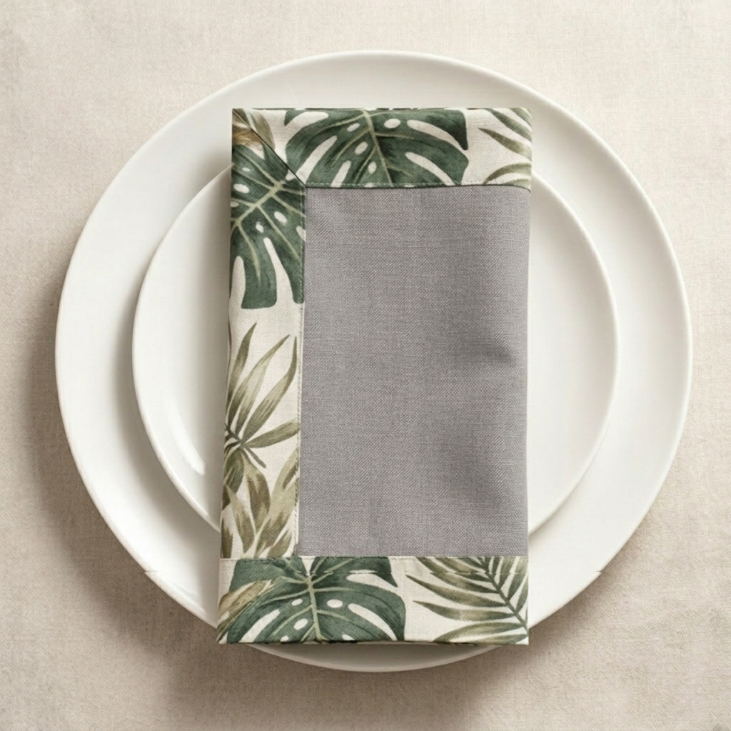 8893eca8-f1a4-4bd0-bcb3-aac99b8fb942 Lot de 6 serviettes - Gris bordure tropicale – Image 1