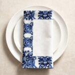 Lot de 6 serviettes - Blanc cassé bordure arabesque bleu petit motif