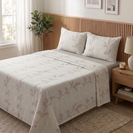 Jeté de lit 3 pièces - Brodé blanc cassé & rose