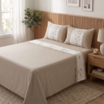 Parure de lit unie beige - Bande blanc cassé brodée en grège