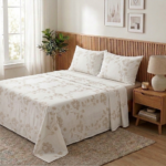 Jeté de lit 3 pièces - Blanc cassé brodé en grège