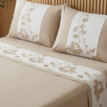 Parure de lit unie beige - Bande blanc cassé brodée – Image 2