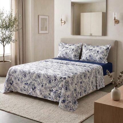 Parure de lit imprimée -  Grandes fleurs bleu marine
