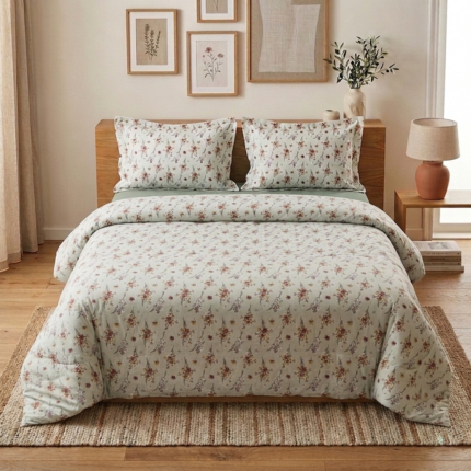 Pack housse de couette imprimée - Fleurie vert pastel