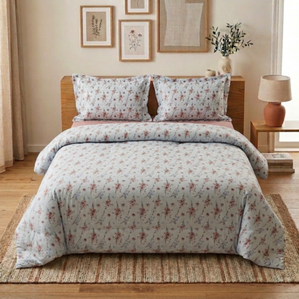 Pack housse de couette imprimée - Fleurie bleu pastel