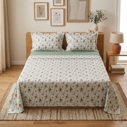 Parure de lit imprimée – Fleurie vert pastel