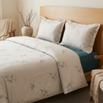 Pack housse de couette imprimée - Bouquet grège et bleu canard