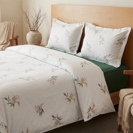 Pack housse de couette imprimée - Bouquet blanc cassé et vert