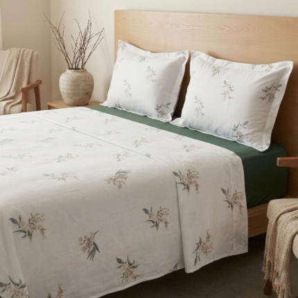 Parure de lit imprimée - Bouquet blanc cassé et vert