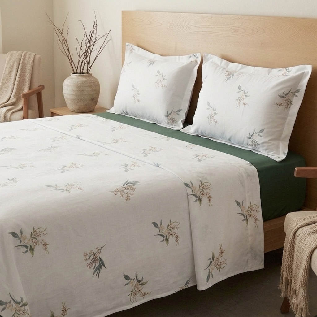 a220cf6e-24f2-4a06-a002-5ff2f7a947e5 Parure de lit imprimée - Bouquet blanc cassé et vert – Image 1