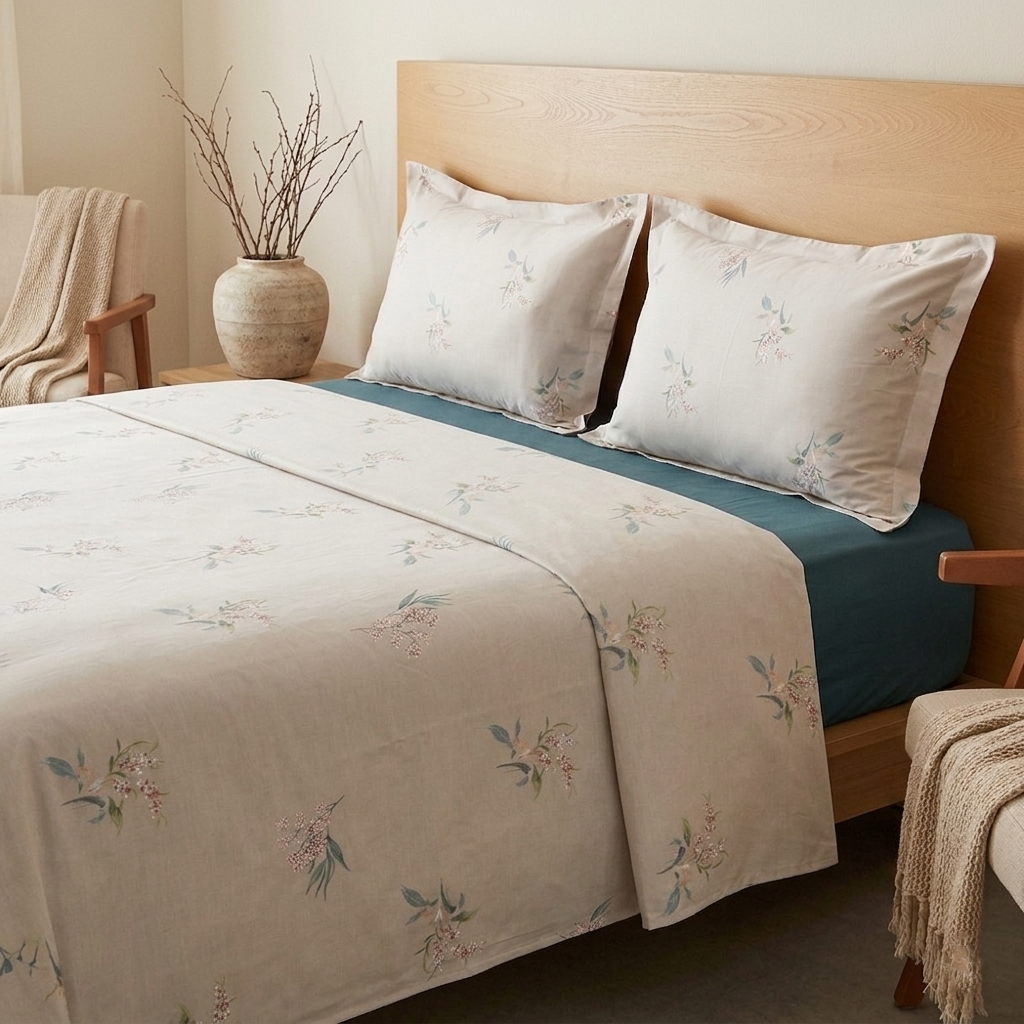 ce63863f-71ea-487c-9812-fb9db8c125fe-2 Parure de lit imprimée - Bouquet grège et bleu canard – Image 1