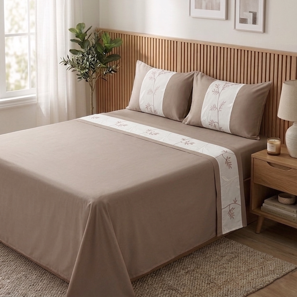 fb19c439-7305-4d54-a178-865a2842e9cd-2 Parure de lit unie marron - Bande blanc cassé brodée – Image 1