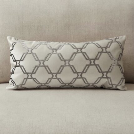 Coussin grège clair sérigraphié - Motif hexagone bronze