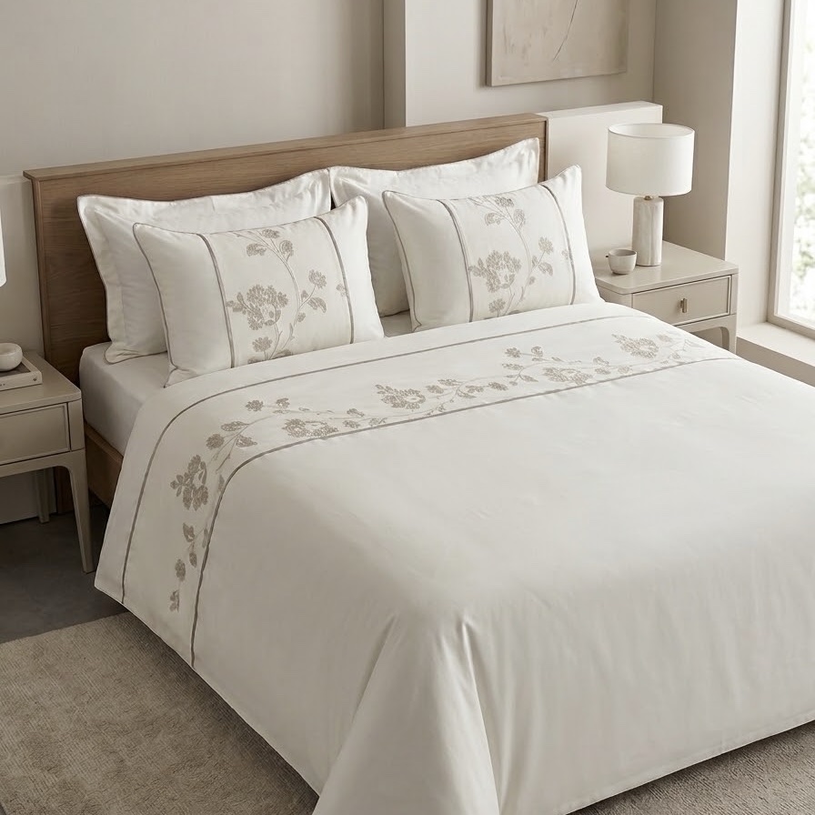 img_0554 Pack housse de couette unie bande brodée - Blanc cassé et grège – Image 1