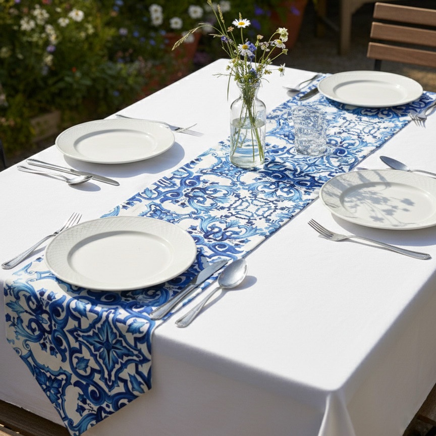 e494ac8e-f254-4b29-83a9-225c8efec32a-3 Chemin de table imperméable et anti tâches - Arabesque bleu (grand motif) – Image 1