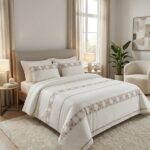 Pack housse de couette brodée géométrique - Blanc cassé et rose
