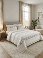Pack housse de couette brodée géométrique - Blanc cassé et rose