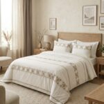 Pack housse de couette brodée géométrique - Blanc cassé et beige