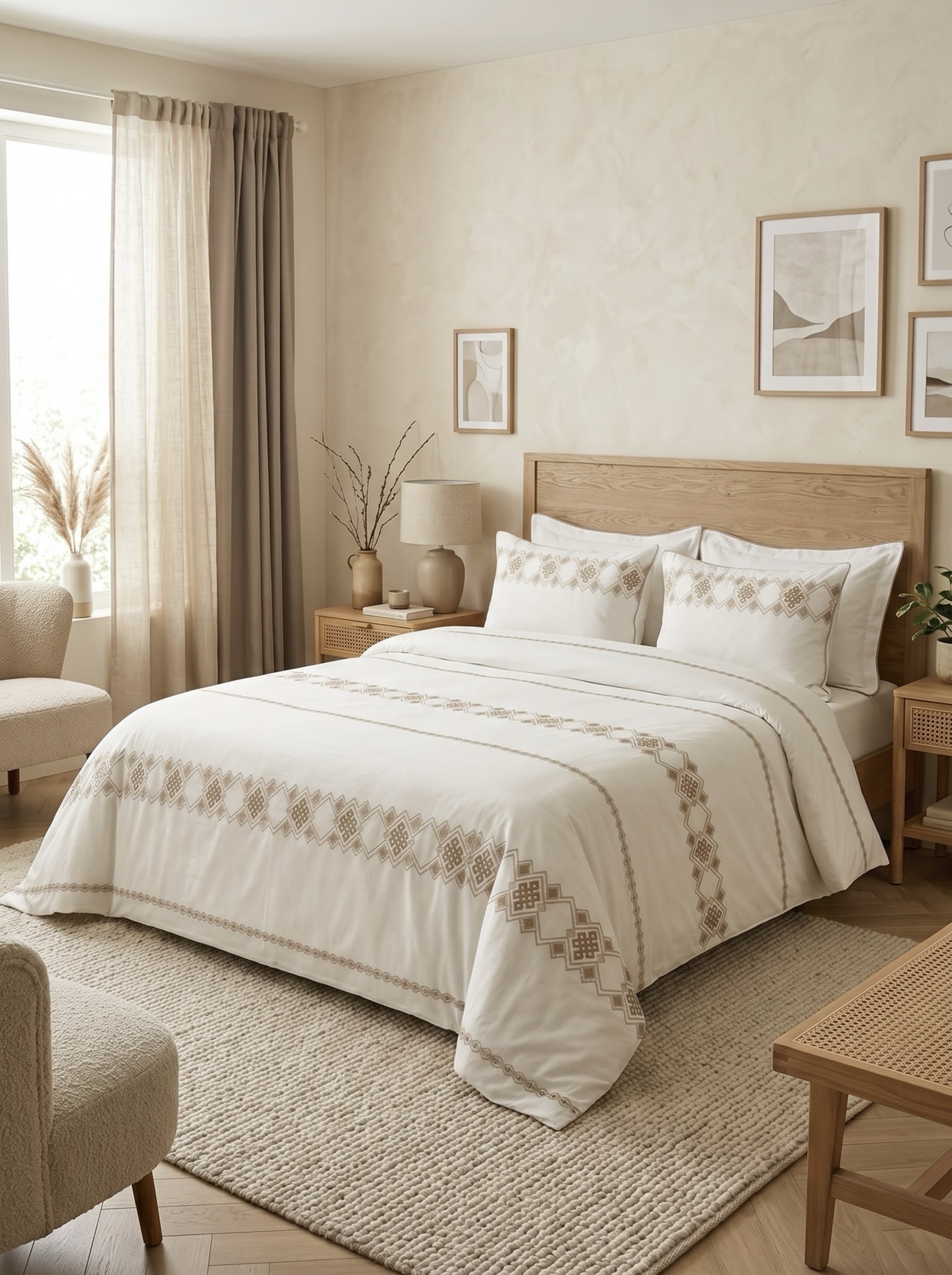 img_2162 Pack housse de couette brodée géométrique - Blanc cassé et beige – Image 1