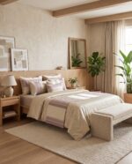 Couvre-lit 8 pièces - Géométrique beige et parme