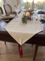Chemin de table en lin - Ecru avec broderie rouge