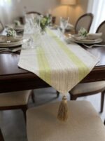 Chemin de table en lin - Ecru rayé vert anis