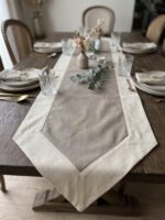 Chemin de table en lin - Grège avec bordure beige