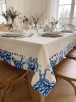 Nappe unie imperméable et anti tâches avec bande arabesque bleu grand motif – Image 2