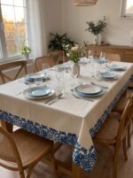 Nappe unie imperméable et anti tâches avec bande arabesque bleu petit motif