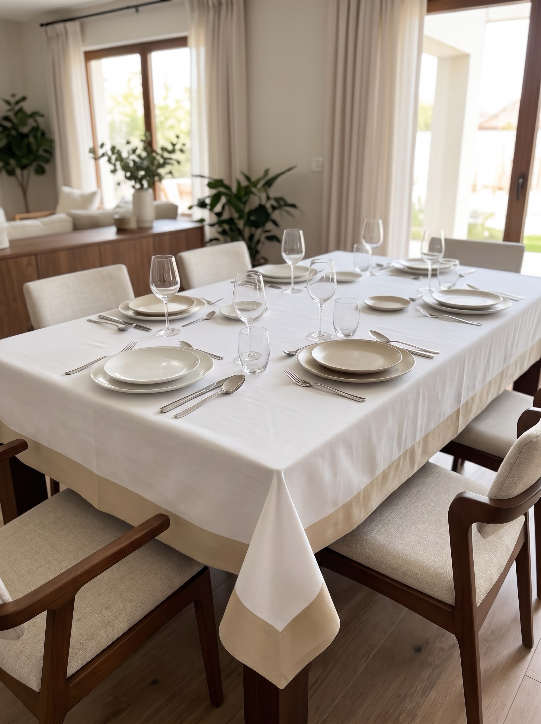 img_2783 Nappe unie blanche imperméable et anti tâches avec bande beige – Image 1