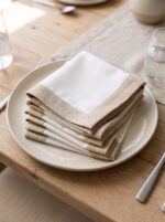 Lot de 6 serviettes - Blanc bordure beige