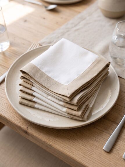 Lot de 6 serviettes - Blanc bordure beige