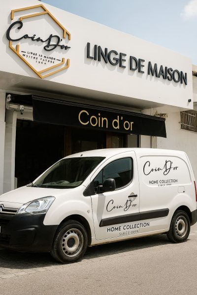 Camionnette de livraison Coin D’or stationnée devant la boutique de linge de maison à Sfax, avec le logo visible sur la façade et le véhicule.